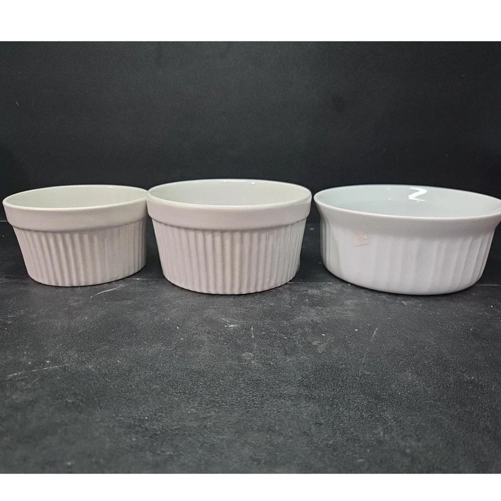 Bali White Ceramic Ribbed Bowls, Set of‎ 3, Vintage Replacement Kitchenware
